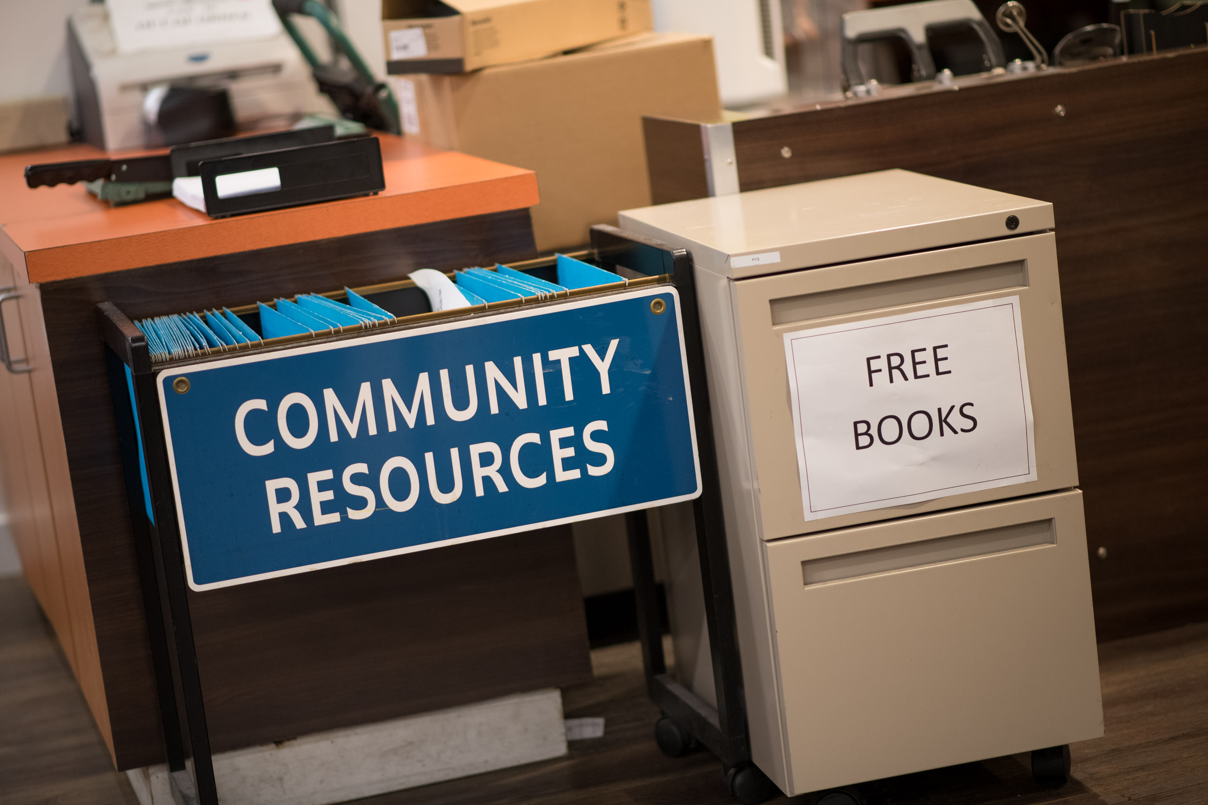 Community resources folders and Free Books cabinet